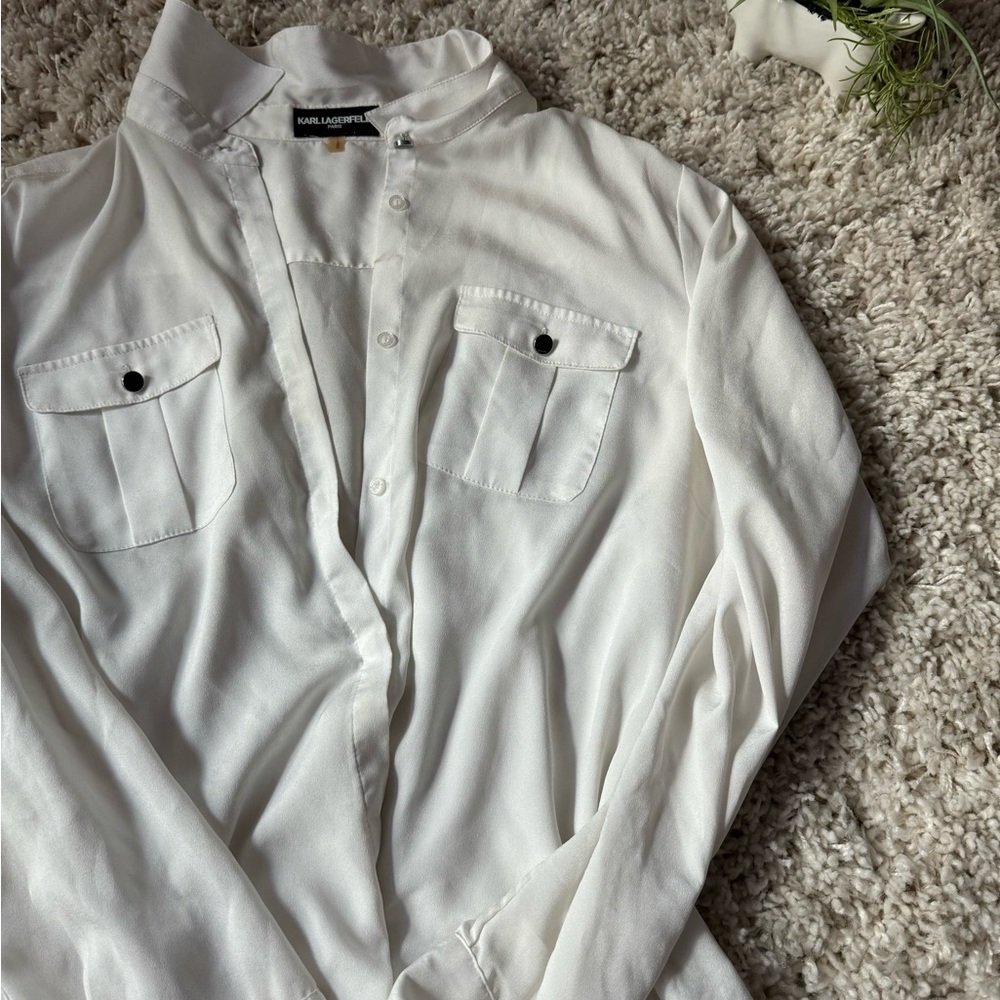 Karl Lagerfeld Paris white women’s button-down collared evening dress bl…